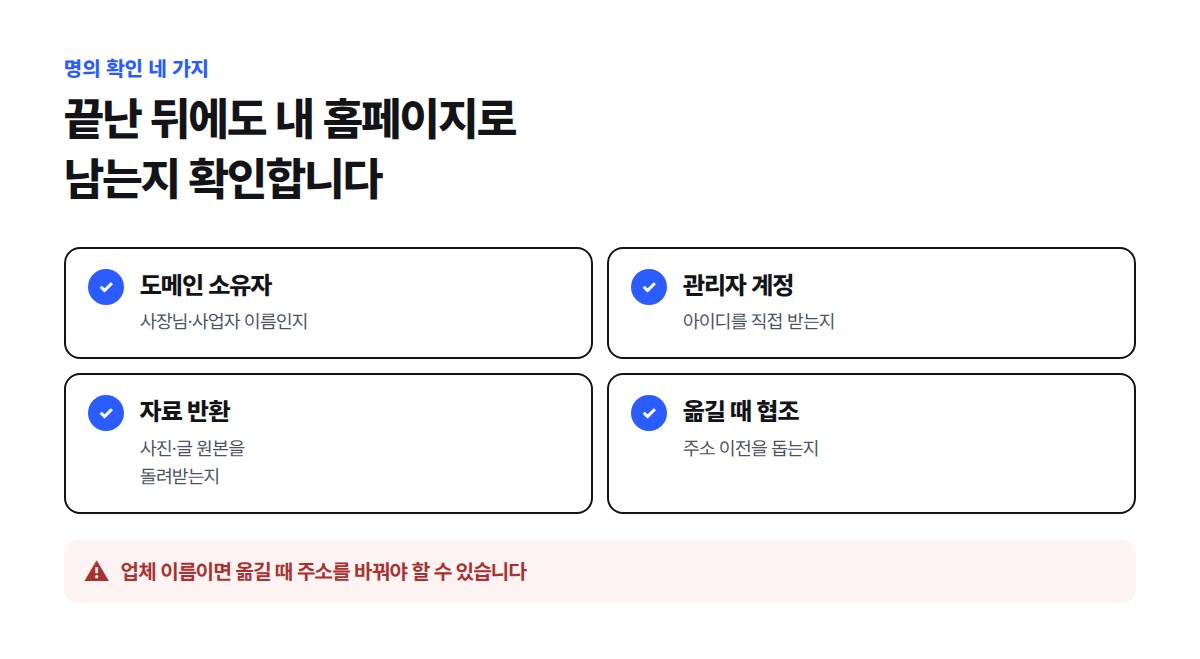 도메인 소유자, 관리자 계정, 자료 반환, 옮길 때 협조 네 가지를 계약서에서 확인하는 점검표