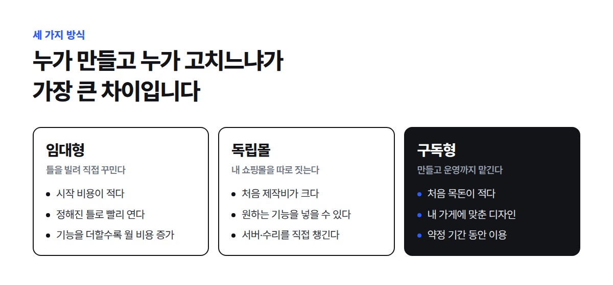 임대형은 틀을 빌려 직접 꾸미고, 독립몰은 쇼핑몰을 따로 지으며, 구독형은 제작과 운영을 맡기는 방식이라는 세 가지 비교