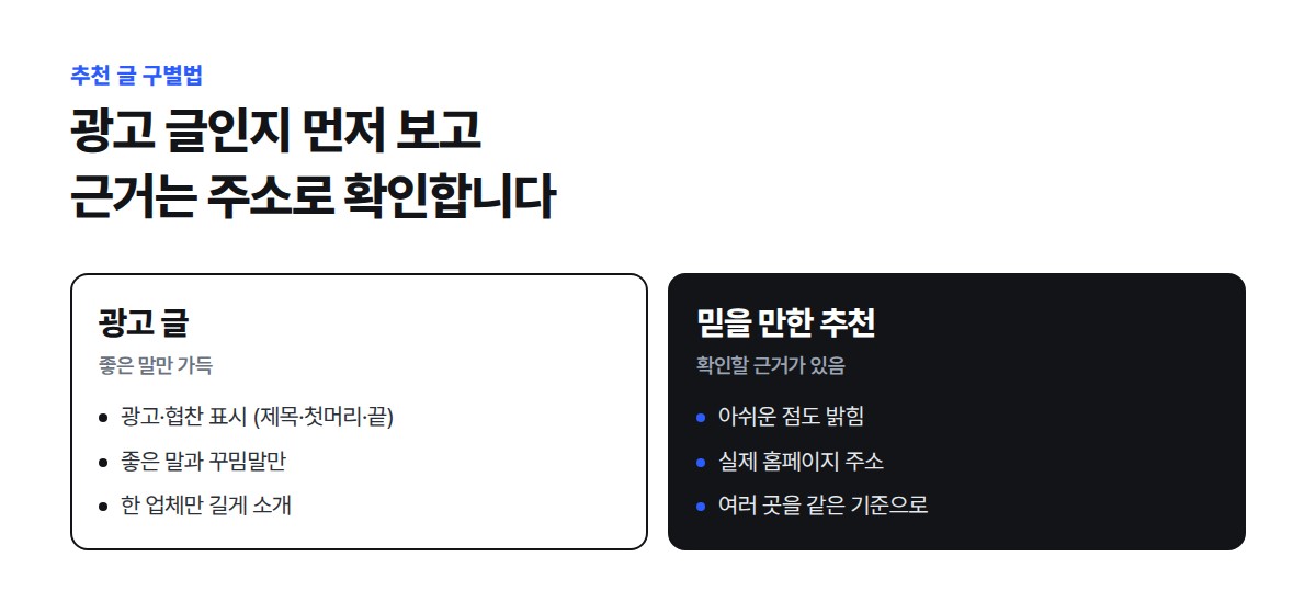 광고 글은 광고·협찬 표시, 좋은 말과 꾸밈말, 한 업체만 소개가 보이고 믿을 만한 추천은 아쉬운 점 공개, 실제 주소, 같은 기준 비교가 보인다는 비교