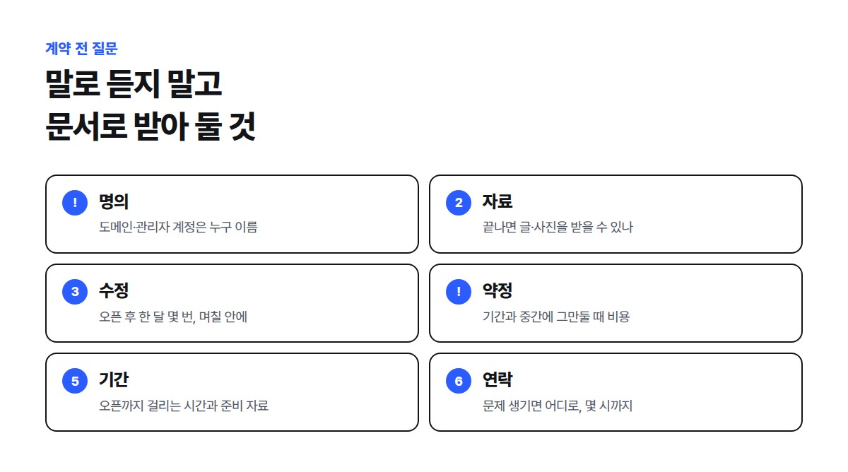 계약 전에 명의, 자료 반환, 수정 범위, 약정과 중도 해지 비용, 제작 기간, 연락 창구 여섯 가지를 문서로 받아 두라는 점검표