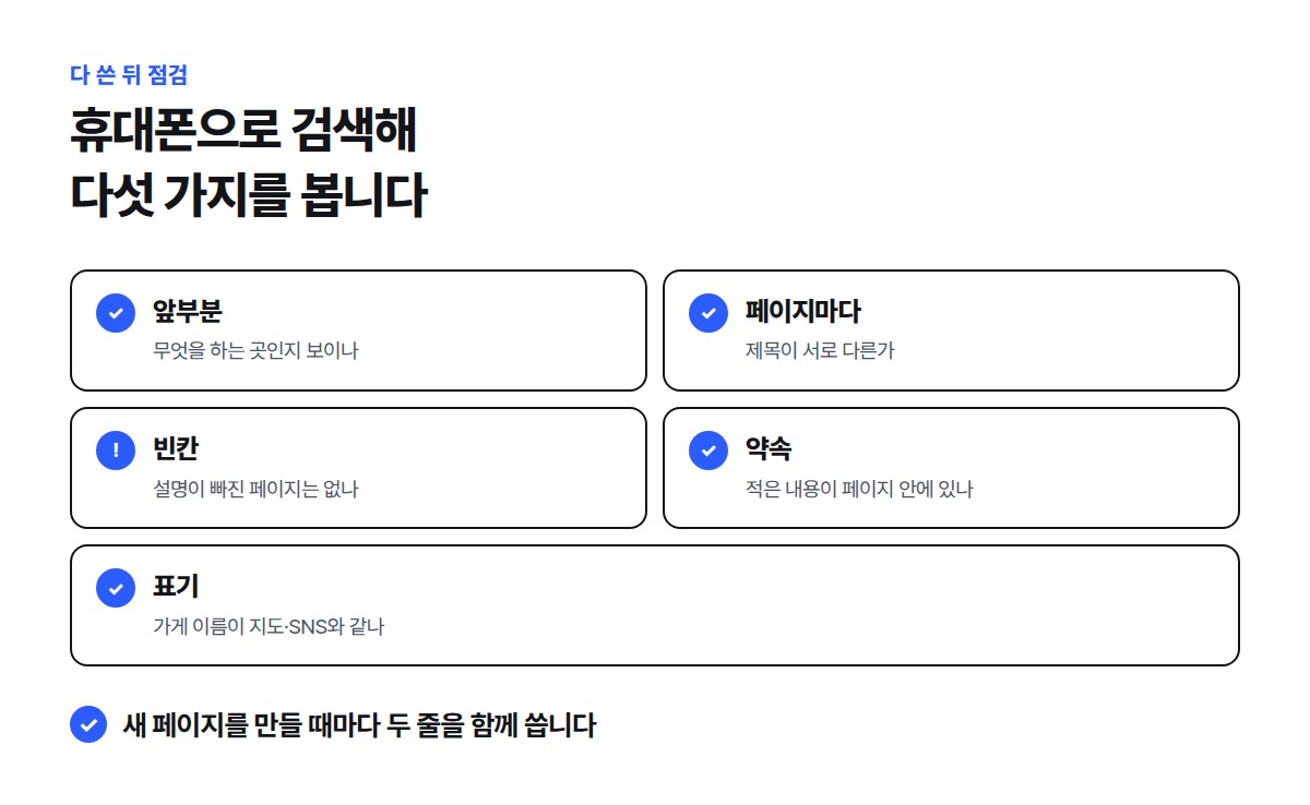 검색 결과 제목과 설명을 쓴 뒤 앞부분, 페이지마다 다른 제목, 빈 설명, 내용 일치, 가게 이름 표기 다섯 가지를 확인하는 점검표