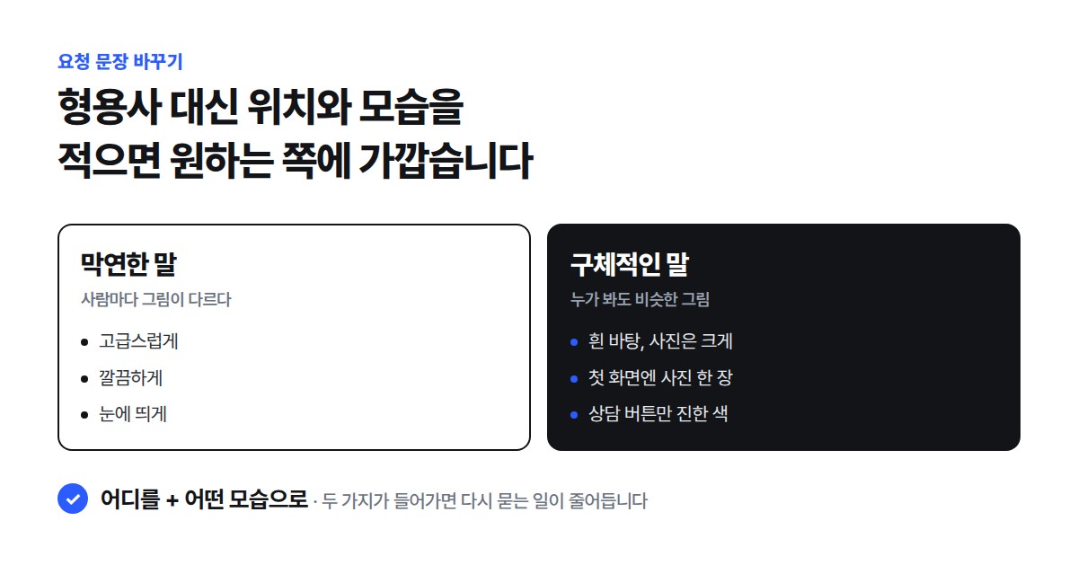 고급스럽게, 깔끔하게, 눈에 띄게 같은 막연한 말을 흰 바탕에 큰 사진, 첫 화면에 사진 한 장, 상담 버튼만 진한 색처럼 구체적인 말로 바꾼 비교