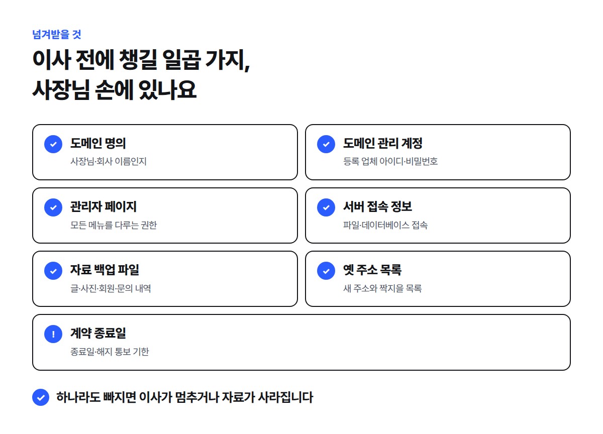 업체 변경 전에 넘겨받을 도메인 명의, 도메인 관리 계정, 관리자 페이지, 서버 접속 정보, 자료 백업 파일, 옛 주소 목록과 확인할 계약 종료일 일곱 가지 점검표